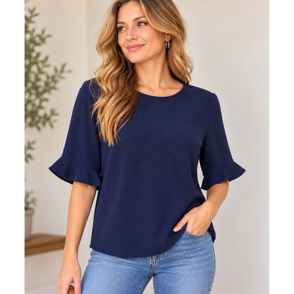 CeCe Navy Blue Ruffle Sleeve Crepe Blouse Crew Neck Keyhole Back Size S NEW